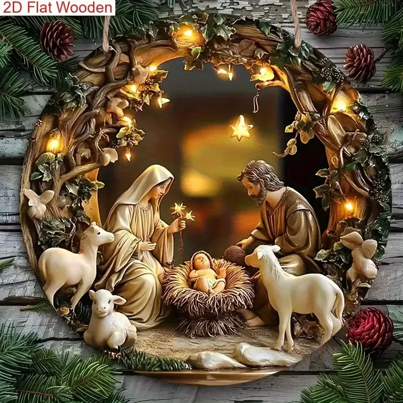 2D Flat, 2D Flat Krippe Holzschild zum Aufhängen – rundes Künstliches Holzkrippe-Display mit Mary, Shepherds & Lambs – /Out