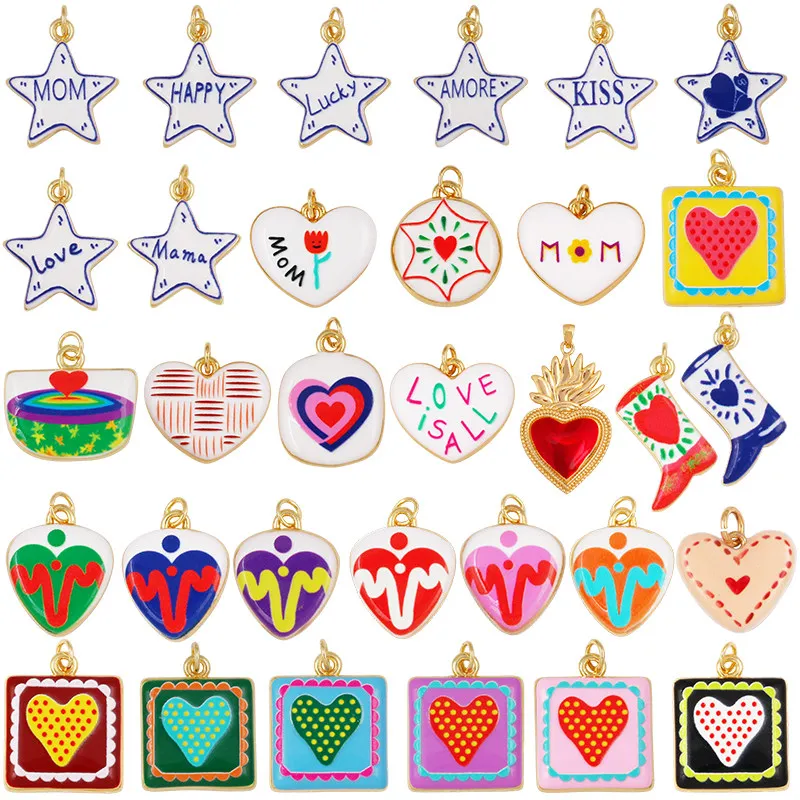 Lote de 2 colgantes de moda con dijes de corazón y estrella, beso de amor, letra de la suerte para mamá, para hacer joyas DIY, suministros para collares y pulseras L46