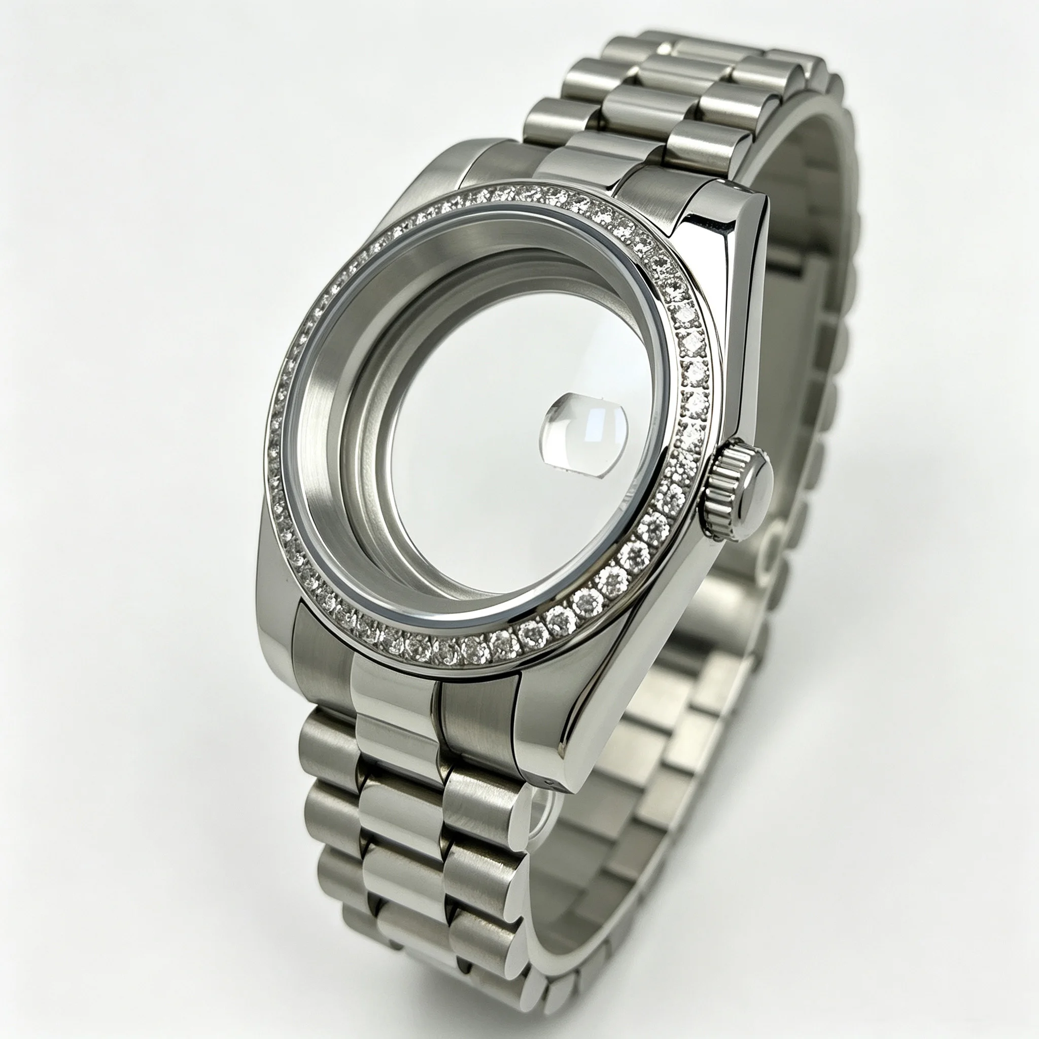36mm/39mm Diamond Bezel NH35 Case DJ President Jubile Strap Sapphire Glass Mod For NH35 NH36 Movement Watch Accessories Parts