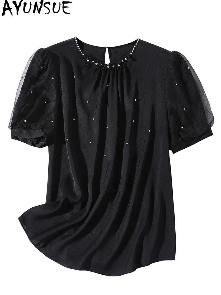 AYUNSUE 95% Mulberry Real Silk T-Shirt Elegant T-shirts for Women Summer Clothes Short Sleeve Black Womens Tops Silk Топ Женский