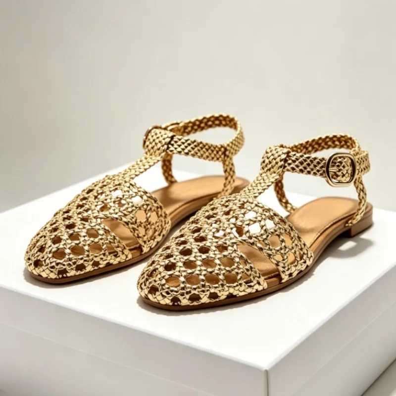Sandales plates tressées en forme de T pour femme, respirantes, à bout rond, avec détails boucle métallique dorée, collection été 2026, style gladiateur, chaussures de plage de créateur