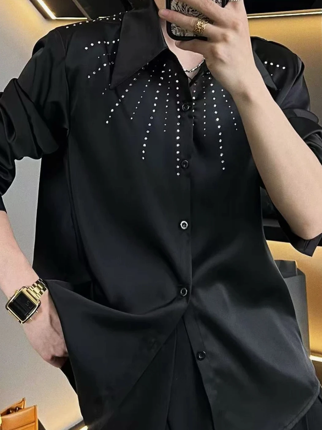 Men's 2025 Spring Summer New Fashion Tops Male Light Luxury Hot Diamond Personalized Shirts Stylish Unique Long Sleeve Shirts