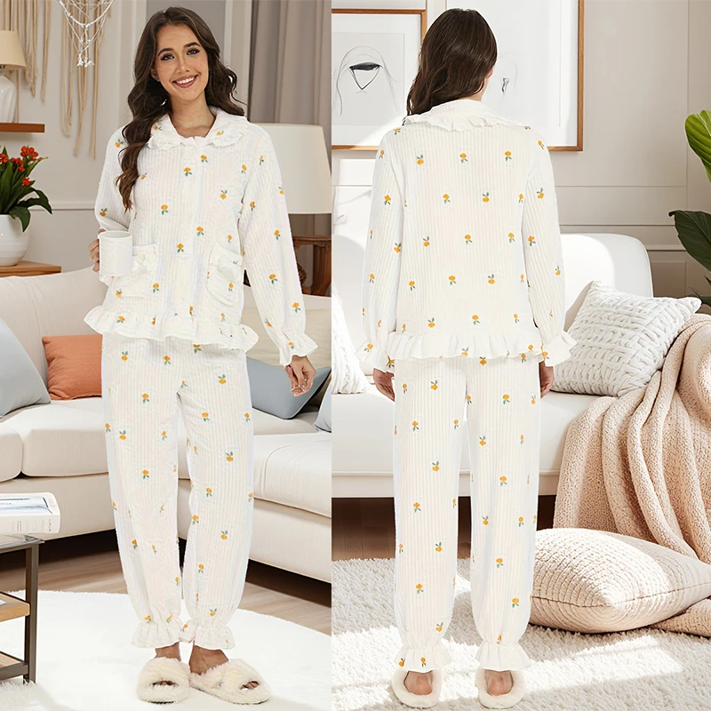 

Women Sleepwear Flannel Outfit 2 Piece Set Home Clothes Autumn Winter Warm Nightwear Print 2Pcs Sleep Suit Loungewear Pajamas
