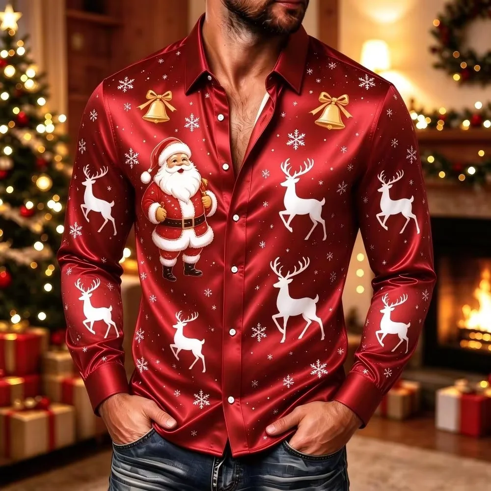 Christmas satin long-sleeved shirts, latest collection, with 20 different Christmas themed designs, 3D printed men's casual shir