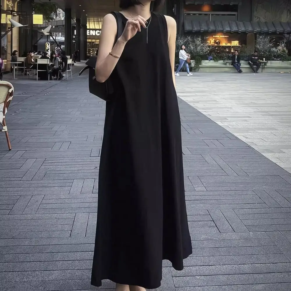 Fashion Solid Summer Sleeveless Dress Round Neck Hollowed Out Vocation Vest Dresses Simple Beachwear Open Back Long Dress Ladies