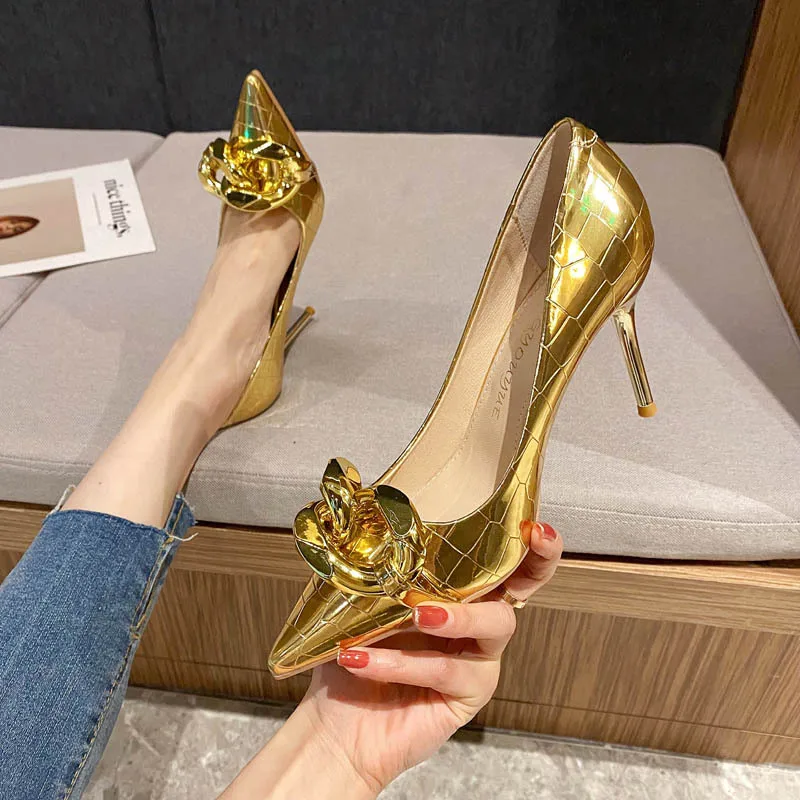 Gold  Heels African Party Shoe and Bag Set 2024 Sandals Ladies Sexy Pump Slip On Pointed Wedge Lace-Up Golden Fine Latest Burgun