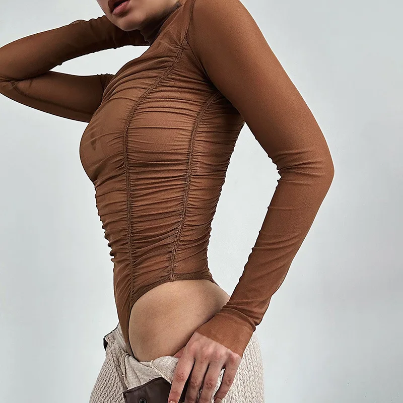 Body Slim en maille à manches longues pour femmes, transparent, noir, marron, gris, automne 2023