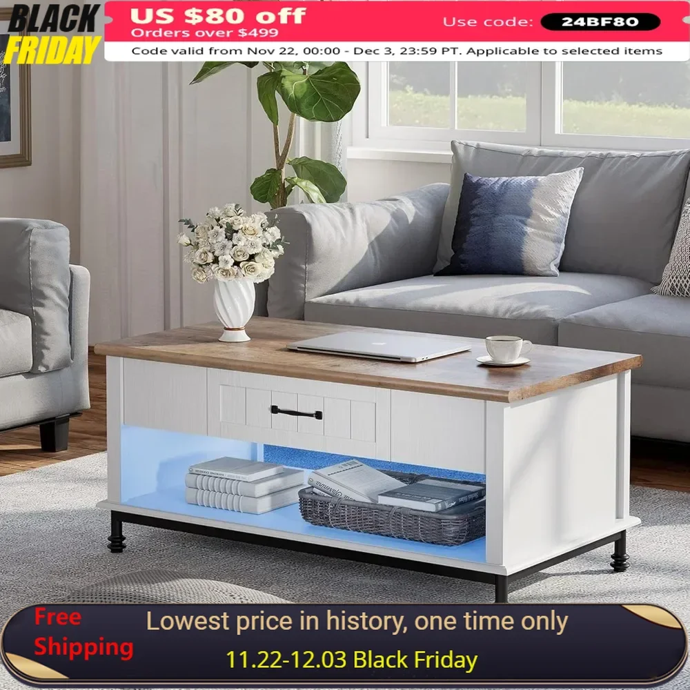 Coffee Table with Blue LED Lights, Large Rectangle Center Tables with 1 Drawers and Open Storage Shelf, Coffee Table