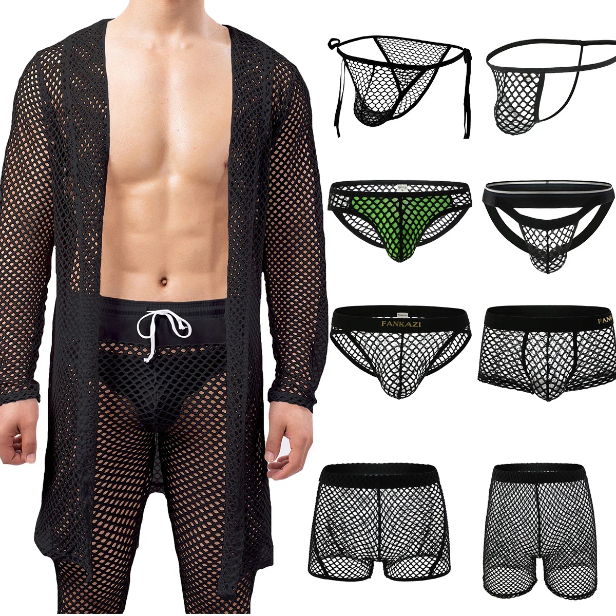 YUFEIDA Mens Sexy Fishnet Pajamas Sleepwear Hollow Out Briefs Thongs Shorts Underwear Hombre Bathrobe Dress Homewear Underpants