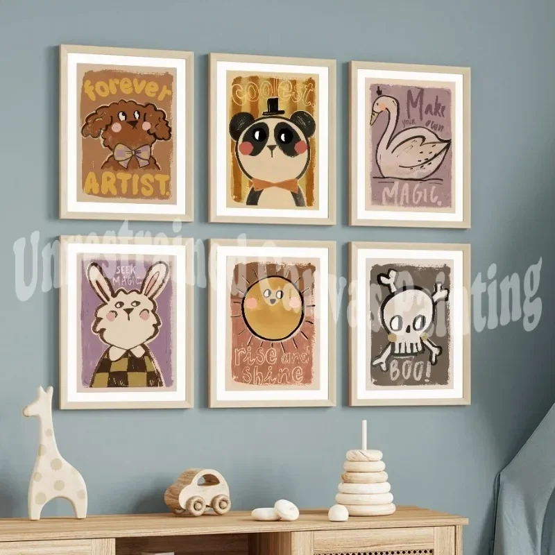 

Rabbit Lion Dog Panda Goose Funny Cartoon Wall Art Canvas Painting Retro Posters and Prints Wall Pictures Baby Kids Room Decor