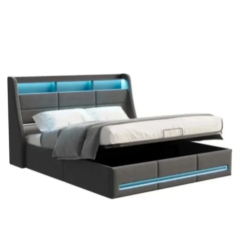 Stauraumbett 140 x 190 cm, gepolstertes Bett mit Stauraum, gepolstertes Bett mit hydraulischem LED-Liftsystem, Doppelbett 140 x 190, mit USB-Typ-C-Ladefunktion, Samt, ohne Matratze, Grau