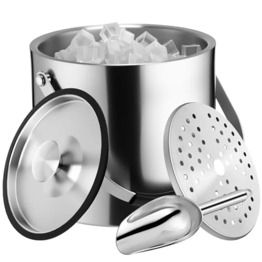

meekoo Doube Wa Insuated Ice Bucket with id Scoop Strainer Handle Large Stainless Steel Wine Ice Bucket Upgraded Cover Keep Fro