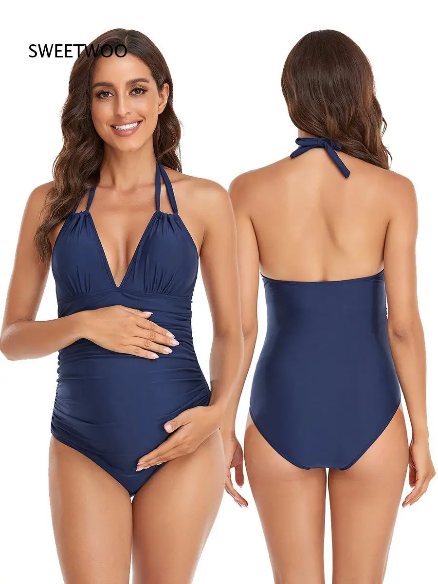 Women Maternity One Piece Swimsuit Halter V Neck Ruched Tummy Control Pregnant Bathing Suit For Beach Pool Summer Holiday