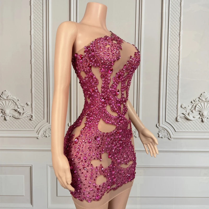 Vestido de fiesta rosa con diamantes de imitación para mujer, traje de actuación para celebración, club nocturno, Bar, Festival, vestido de noche, ropa de escenario XS10283