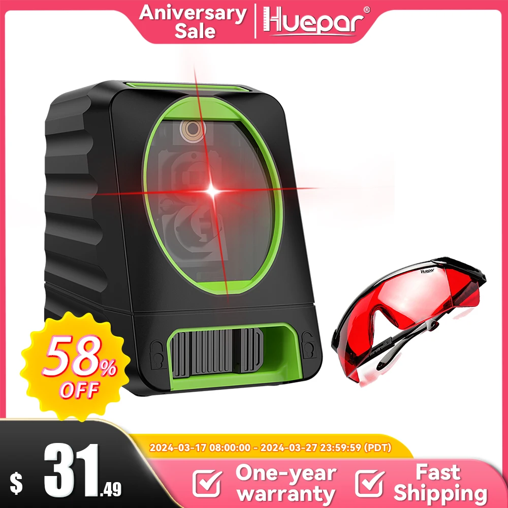 

Huepar 2 lines Red Beam Cross Line Laser Level Self-leveling Vertical/Horizontal+Adjustable Red Laser Enhancement Glasses