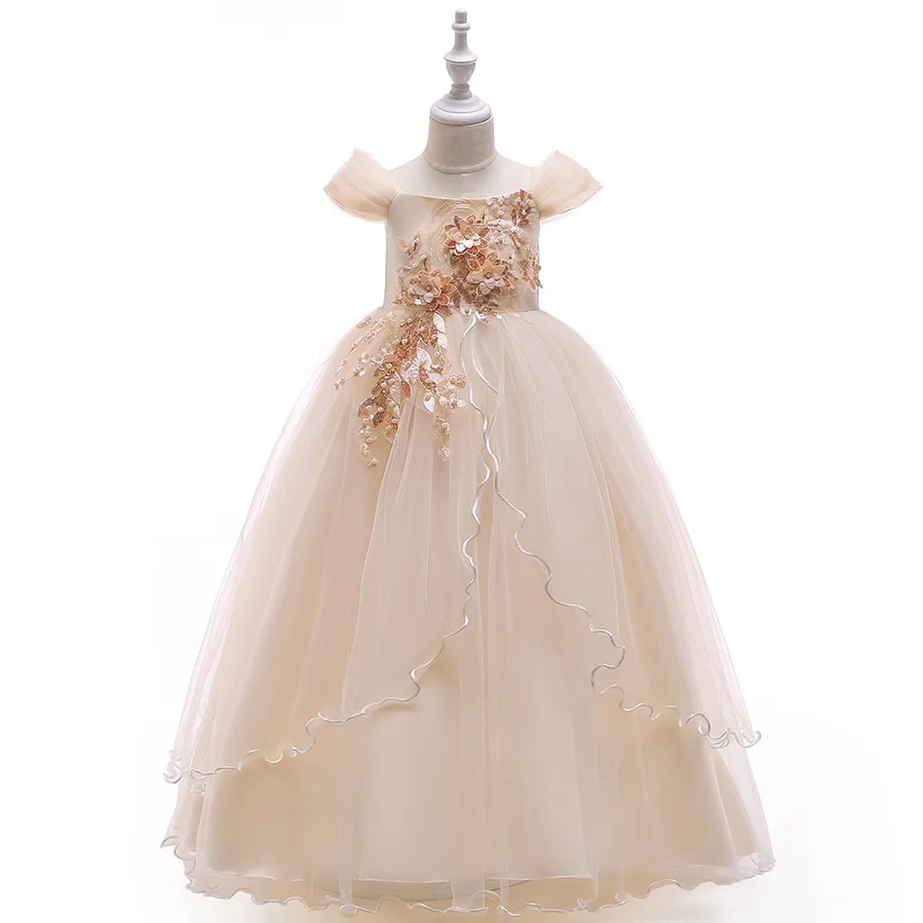 Girls Evening Dress Elegant Princess Gown For Girls Wedding Dress Flower Appliques Kids Embroidered Bead Party Events Dress