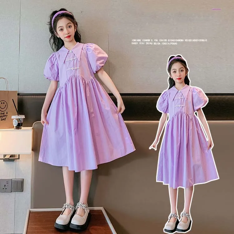 

2024 Korean Summer Junior Girl One-piece Dress Children Girl Bubble Sleeve Lapel Princess Dress School Girl Solid Cotton Dress