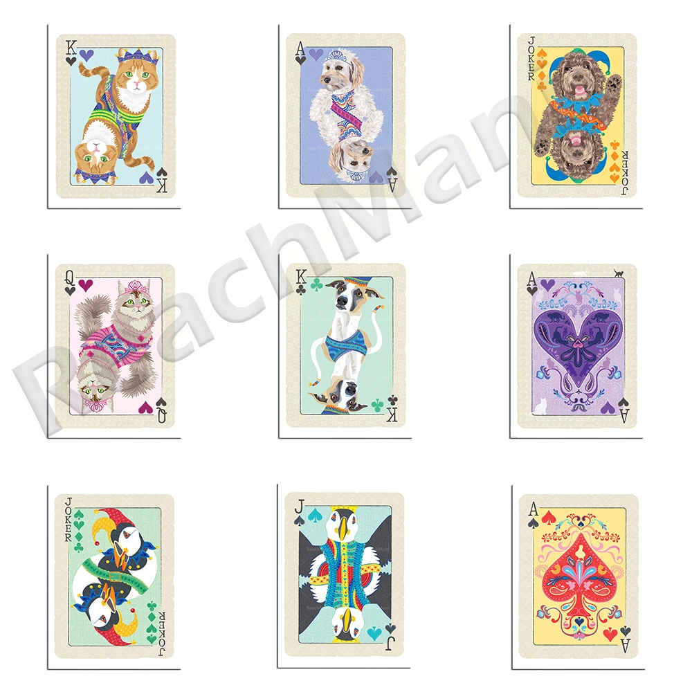 

Animal playing card ace poster, dog print, poodle, bird illustration, cat, pet art, playing card ace,, gift for puffin lovers