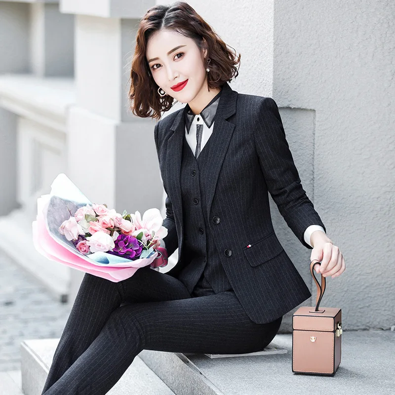 9819 Long Sleeve Business Suit Fashion Striped Business Suit Women's Workplace Commuters' Workwear White Collar Hotel Work Cloth