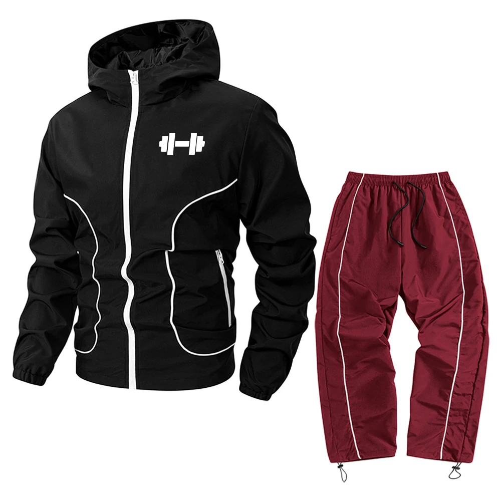 Workout Fitness Mens Tracksuit Stripe Hooded Jacket Geometric Dumbbell Print Drawstring Hem Trousers Casual Running 2 Pcs view 6
