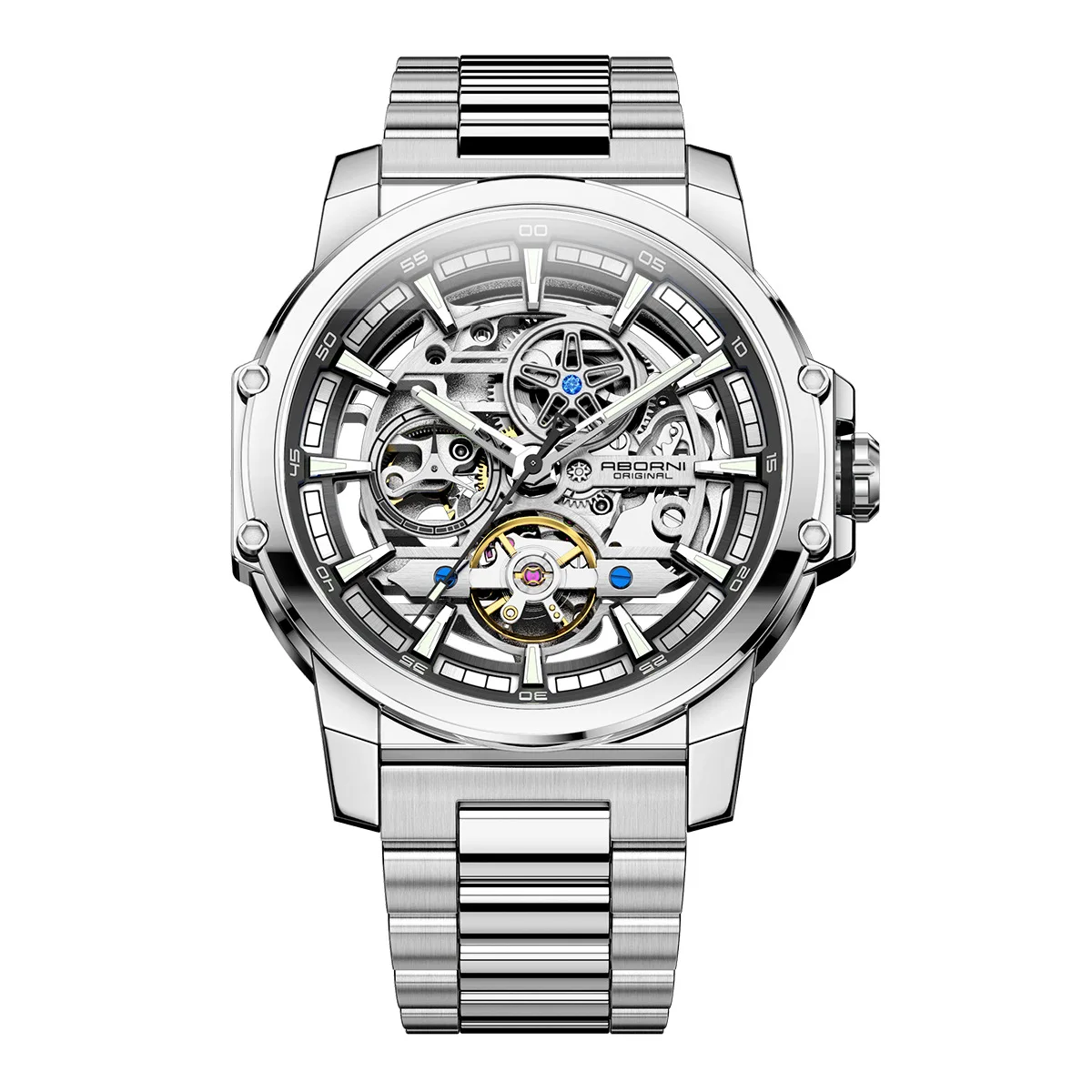 ساعة ميكانيكية أوتوماتيكية بالكامل، ساعة عصرية من الفولاذ المقاوم للصدأ، ساعة رجالية مضيئة مقاومة للماء على الوجهين