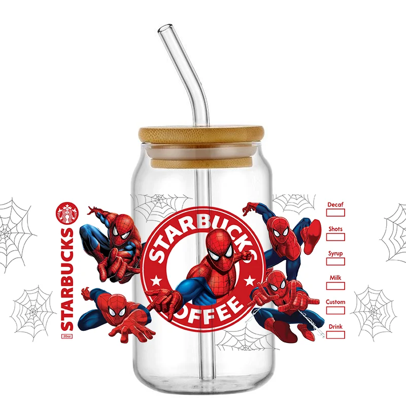 Miniso Spiderman various UV DTF Sticker For 16OZ Libbey Glass Cup Can Cartoon Cars Wrap Transfer Sticker Custom Labels DIY Logo