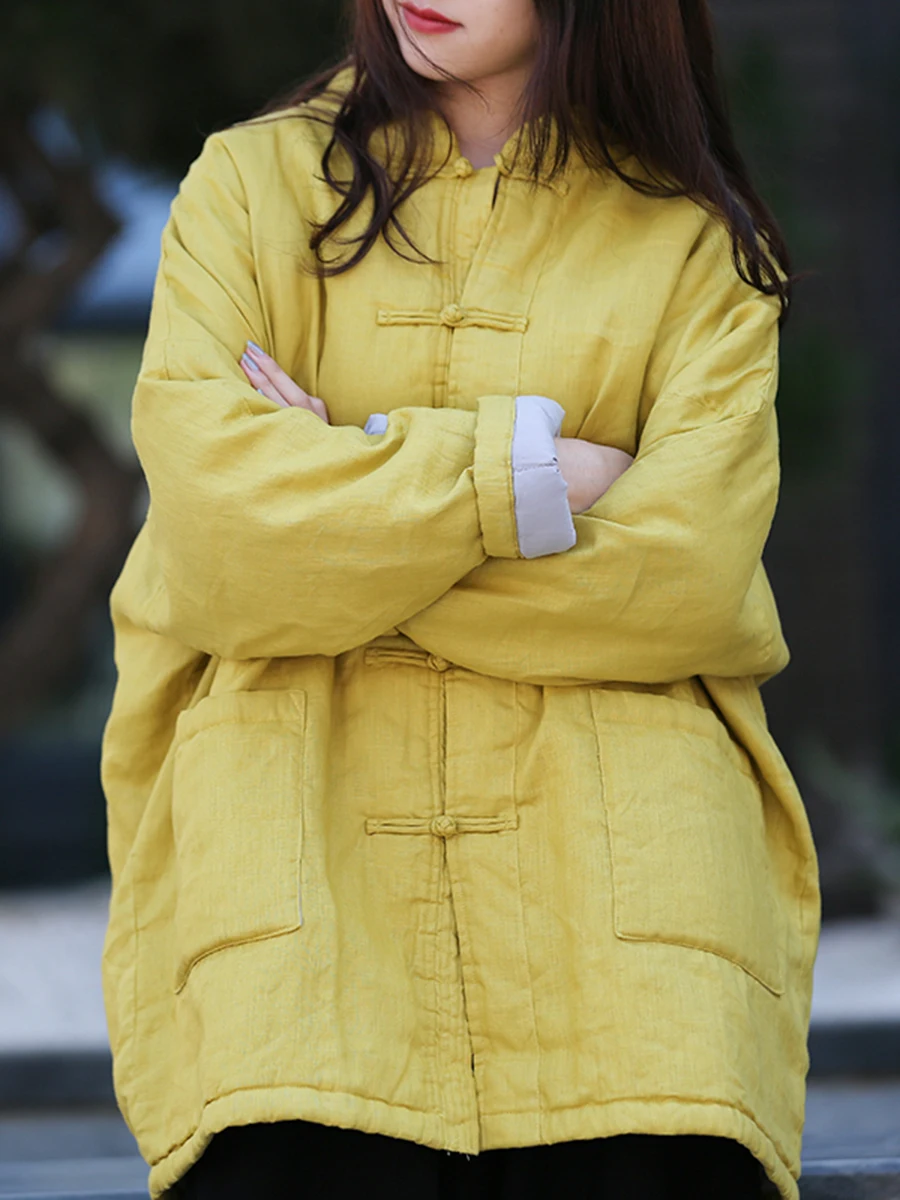 

Пальто свободного кроя из теплого хлопка и льна в этническом стиле, с длинными рукавами, воротником-стойкой, средней длины, на одной пуговице, однотонное