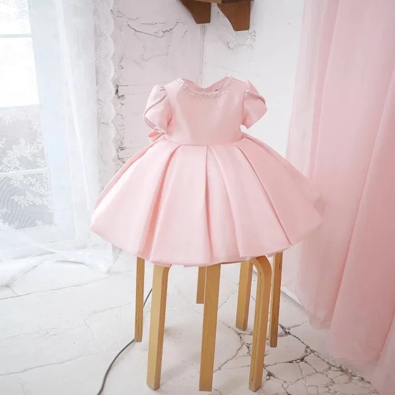 

Formal Pink Baptism Dress For Baby Girls Cute Princess Beads 1 Year Birthday Party Clothes Christening Ball Gown Tutu Costumes