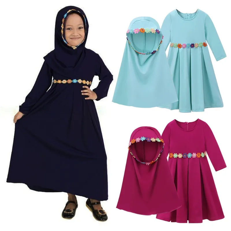 

Muslim Girls Abaya Prayer Dress to boys 6-12M 1-5Y Islamic Burka Kaftan Solid Color Flower Appliques Arab Clothes 2pcs Set
