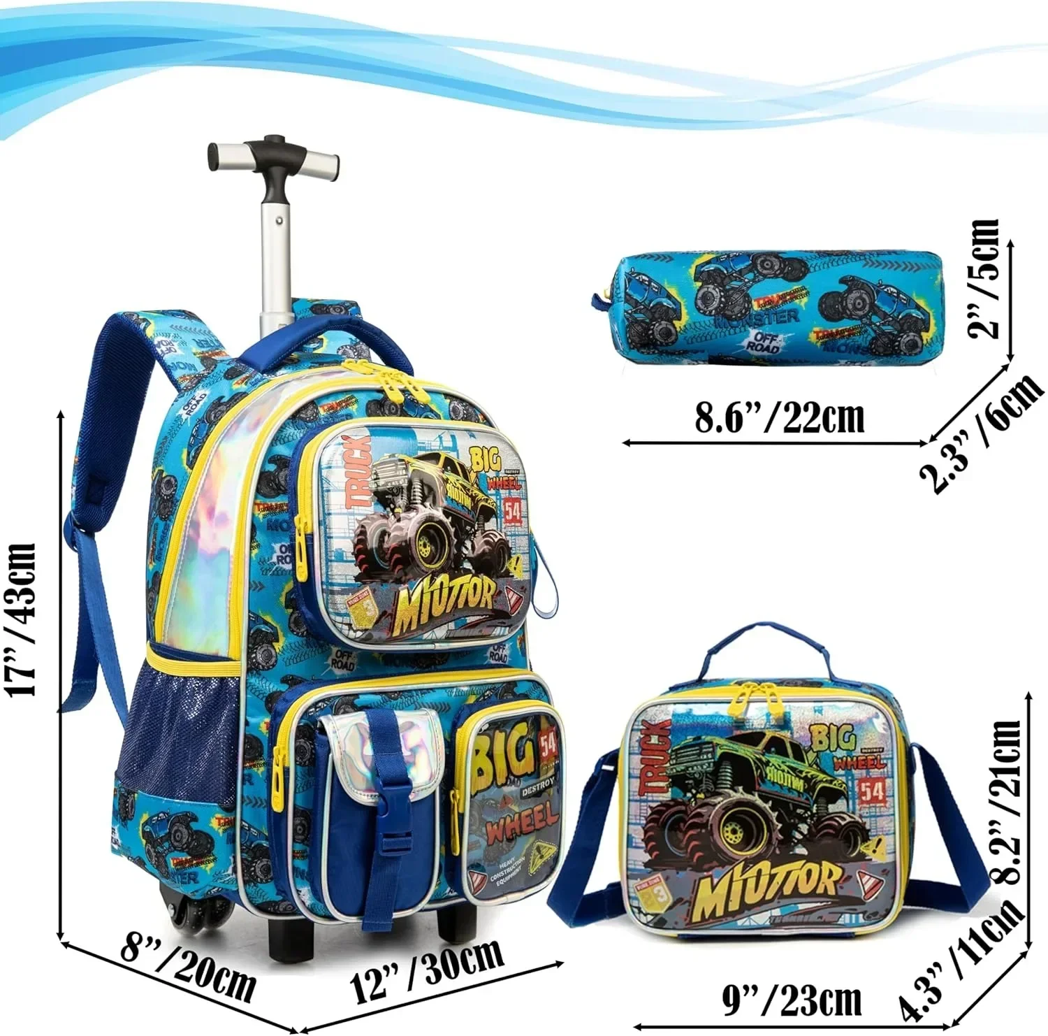 Kids Rolling Backpack for Boys Trolley Roller Luggage Backpacks on Wheels Elementary Multiple Function Pockets Travel School Bag