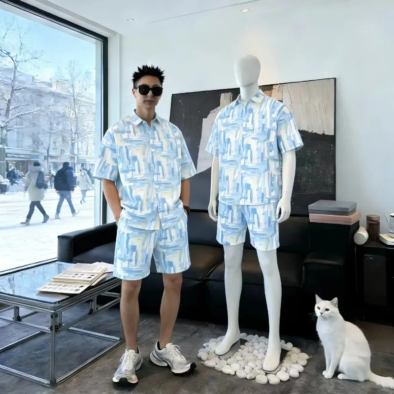 Herren-Set mit abstraktem Print, 2-teilig, Kurzarmhemd und Shorts, lässiges Sommer-Strand-Urlaubsset