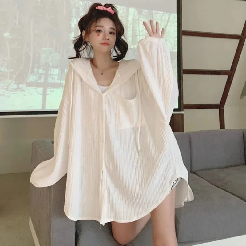 2024 Oversized Women\'s Hooded Spliced Fashion Loose Shirt New Spring/Autumn Solid Color Vintage Long Sleeve Shirt Sunscreen Coat