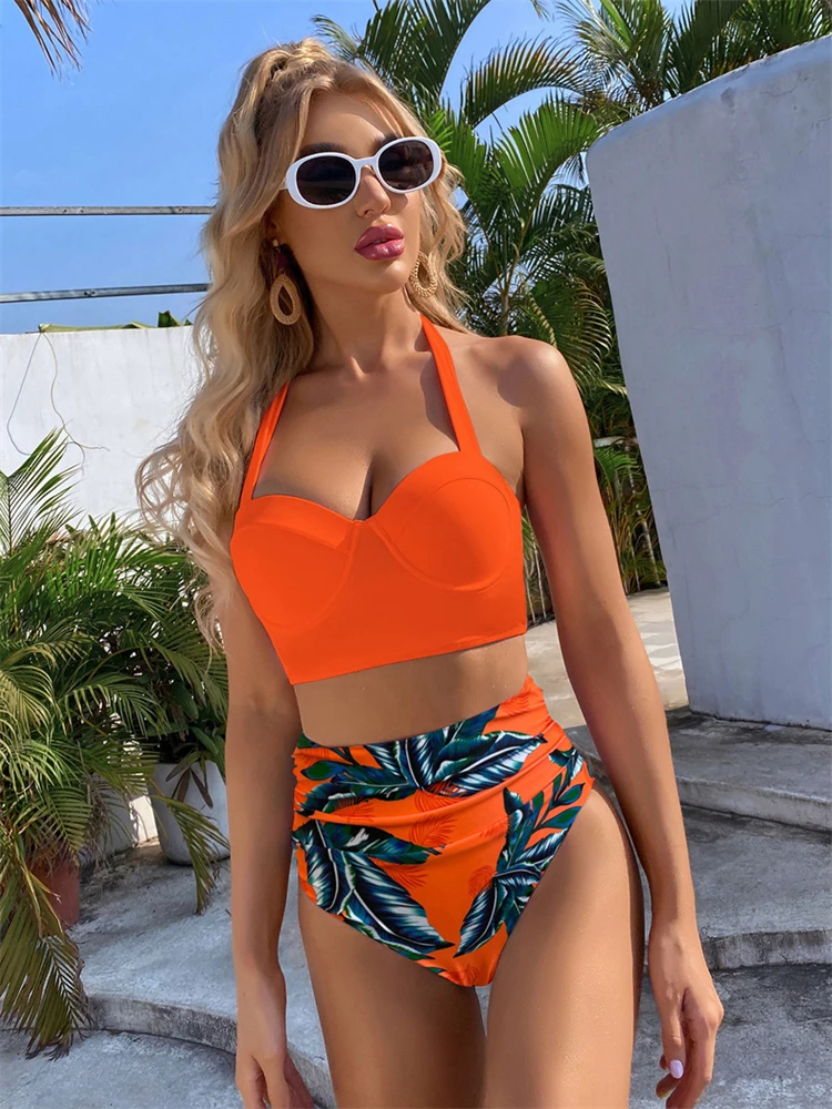 Bikini Women Swimsuit 2024 New Solid Print Sling Bikinis Set Sexy High Waist Swimwear Summer Two Piece Beach Bathing Suit Female