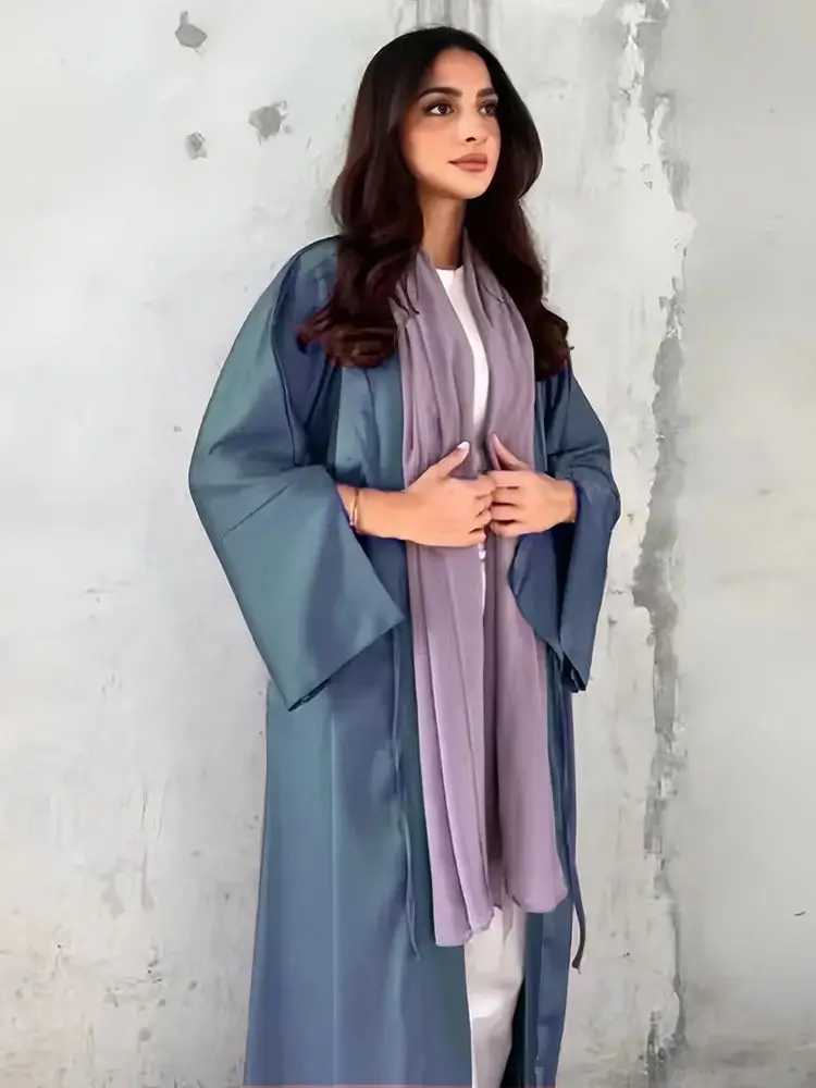 Meisje Moslim Palestine Kaftan Jurk Open Satijn Kimono Roze Abaya Vrouwen Dubai Kleding Kebaya Robe Kaftan Marocain Femme Musulmane