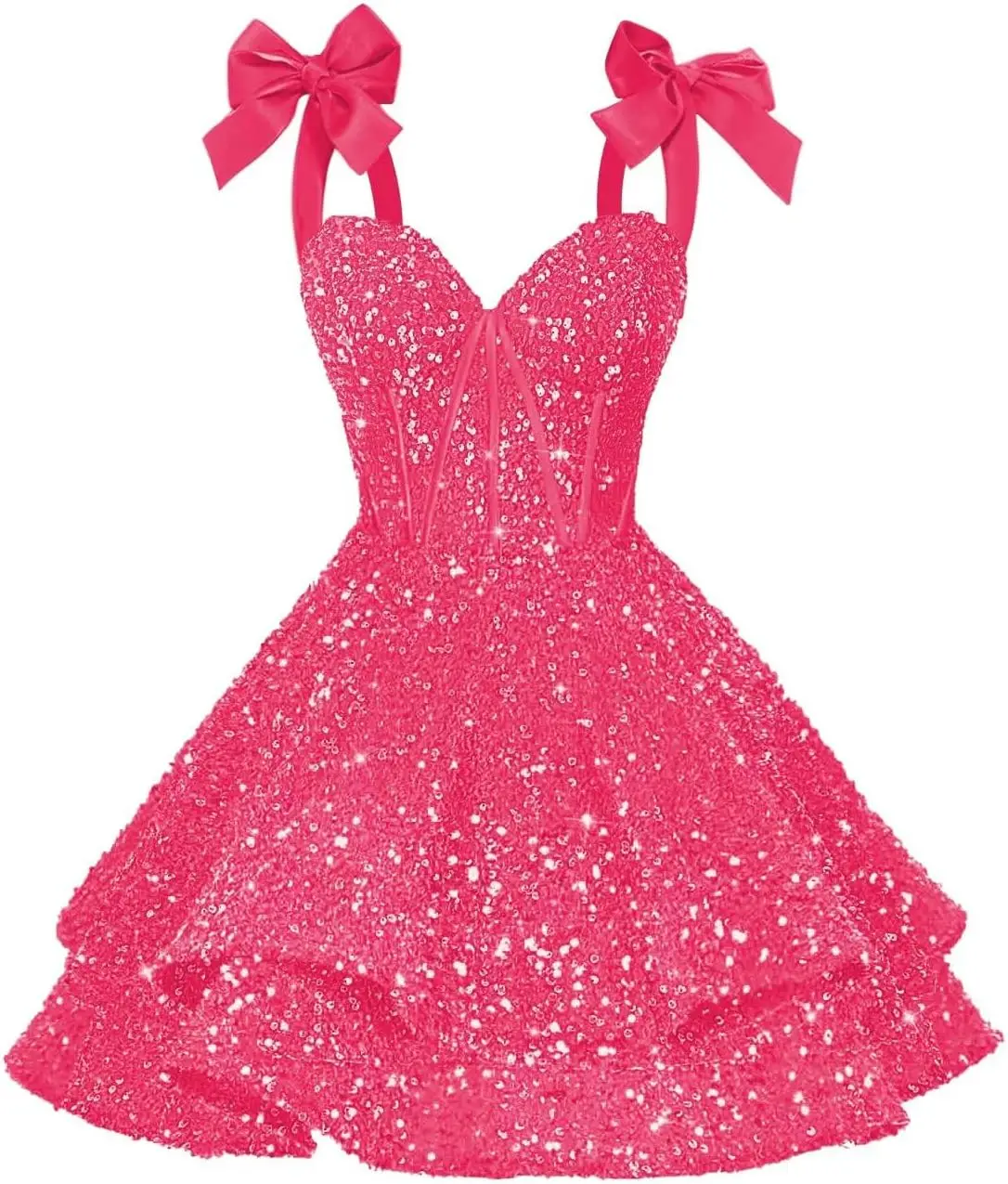 Sparkly Sequin Bows Homecoming Dresses 2026 Short Spaghetti Straps Tiered Satin Sweet 16 Prom Cocktail Dress Graduation Dress