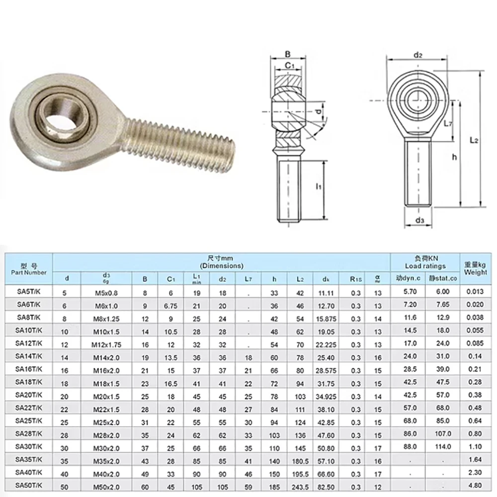 1PCS Male Ball Bearing Fish Eye Rod End Joint Bearing Left Thread SAL4/5/6/8/10/12 T/K Oscillating Bearing