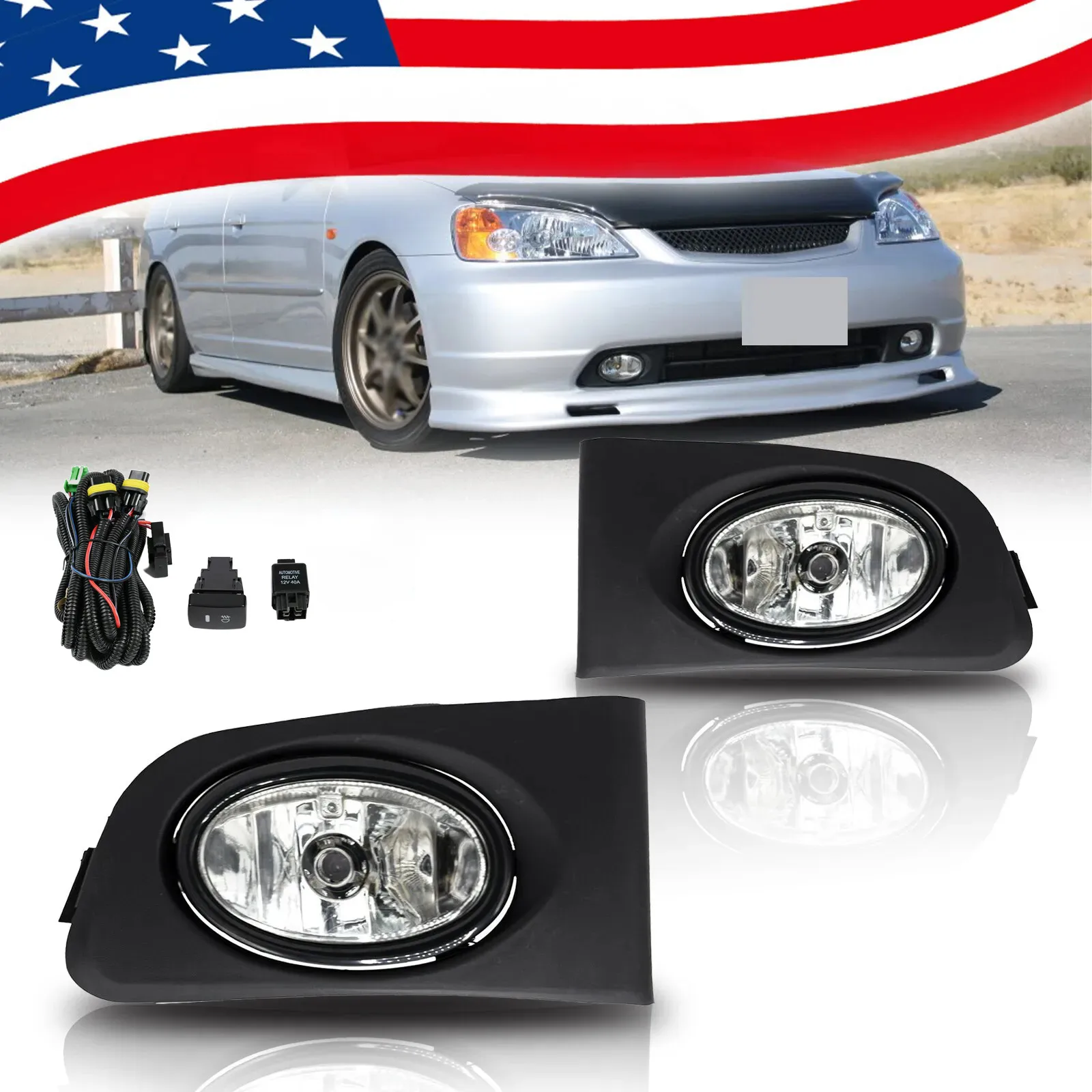 

Fit 2001 2002 2003 Honda Civic Front Bumper Clear Fog Lights Lamps w/Wiring Pair