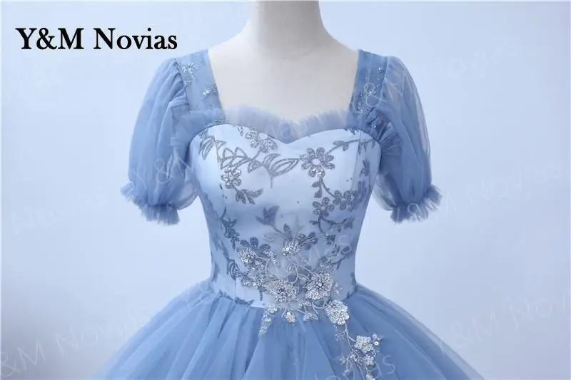 Niebieskie sukienka na Quinceanera 2023 Y & M Novias sukienka na studniówkę koronkowe aplikacje formalna suknia prosta sukienka na Quinceanera Vestido De Quincenera