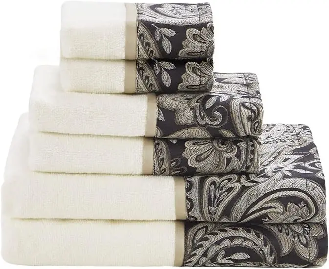 

6-Piece Jacquard Paisley Bath Towel Set, 100% Cotton, Highly Absorbent & Quick Dry, Hotel Spa Quality, Black