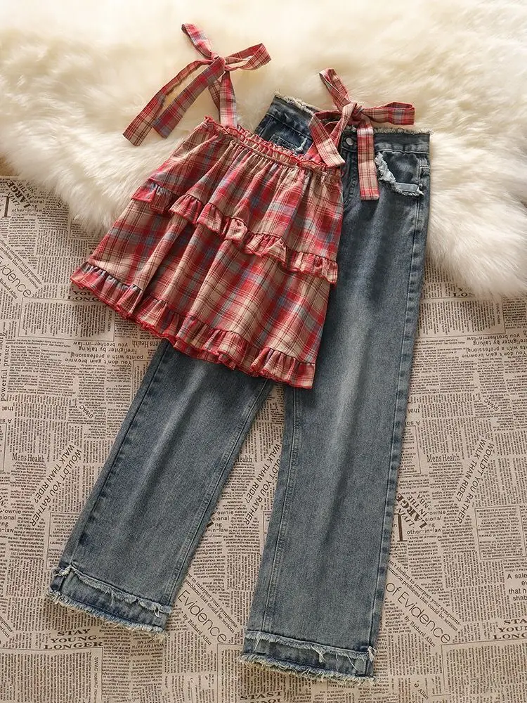 Spring and Summer Sweet Style Set French Retro Plaid Tank Top Women's High Waisted Fringed Straight Leg Jeans Two-piece Set