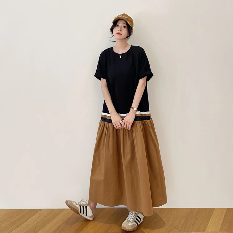 Grande taille couleur Blo ort Sve T-irt Maxi Dr décontracté rue Sle tricoté coton mélange été nouveauté Dr