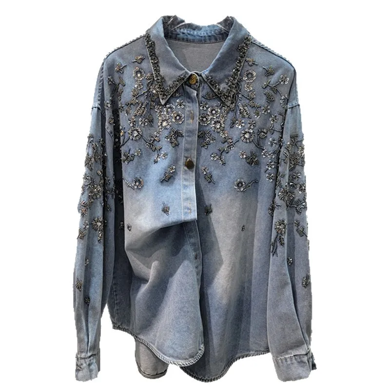 

2026 Spring Fashion Denim Top Luxury Heavy Bead Rhinestone Design Loose Fit All-match Denim Shirt