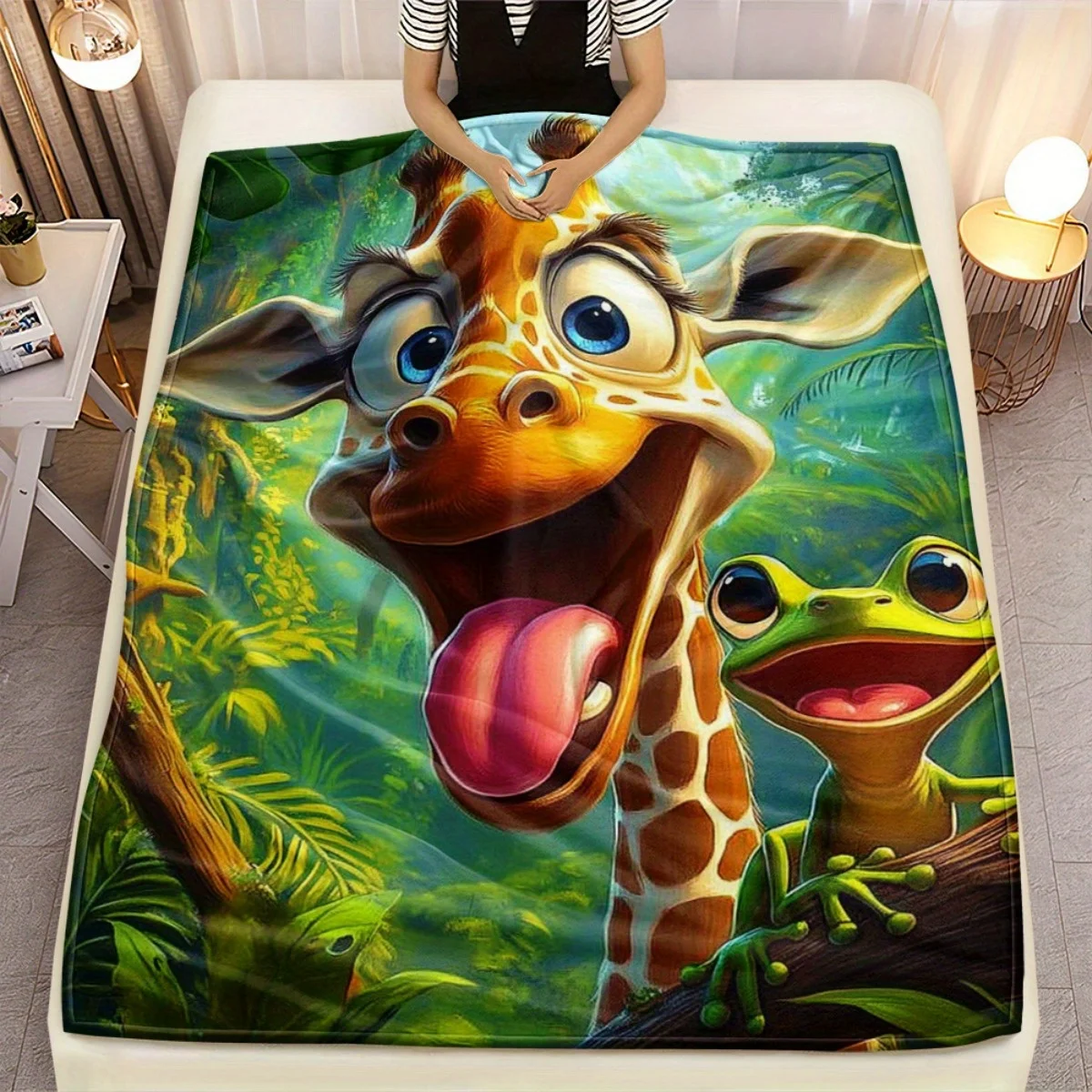 Funny Giraffe Frog Jungle Fleece Blanket Cartoon Animals Playful Design Soft Flannel Throw Cover Kids Room DecorGift forChildren