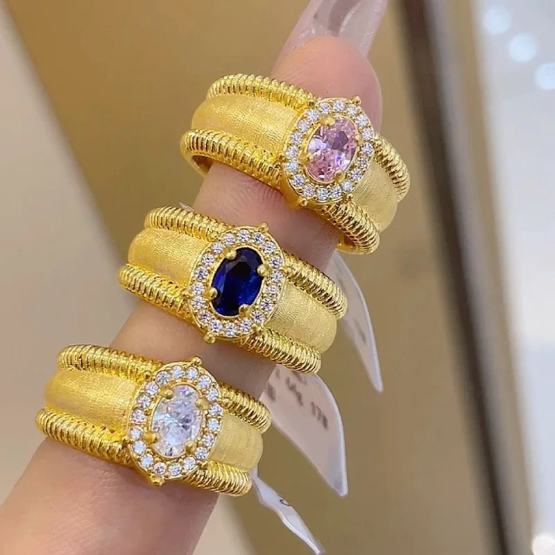 LATS Vintage Gold Color Brushed Elliptical Zircon Open Rings for Women Luxury Delicate Ring Wedding Jewelry Fashion Accessories