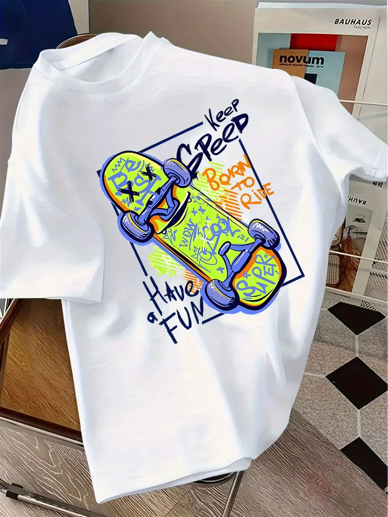 Unisex Front Print T‑shirt Skateboard Graffiti Graphic Tee Crew Neck Short Sleeve Keep Speed Born To Ride Streetwear Casual Top