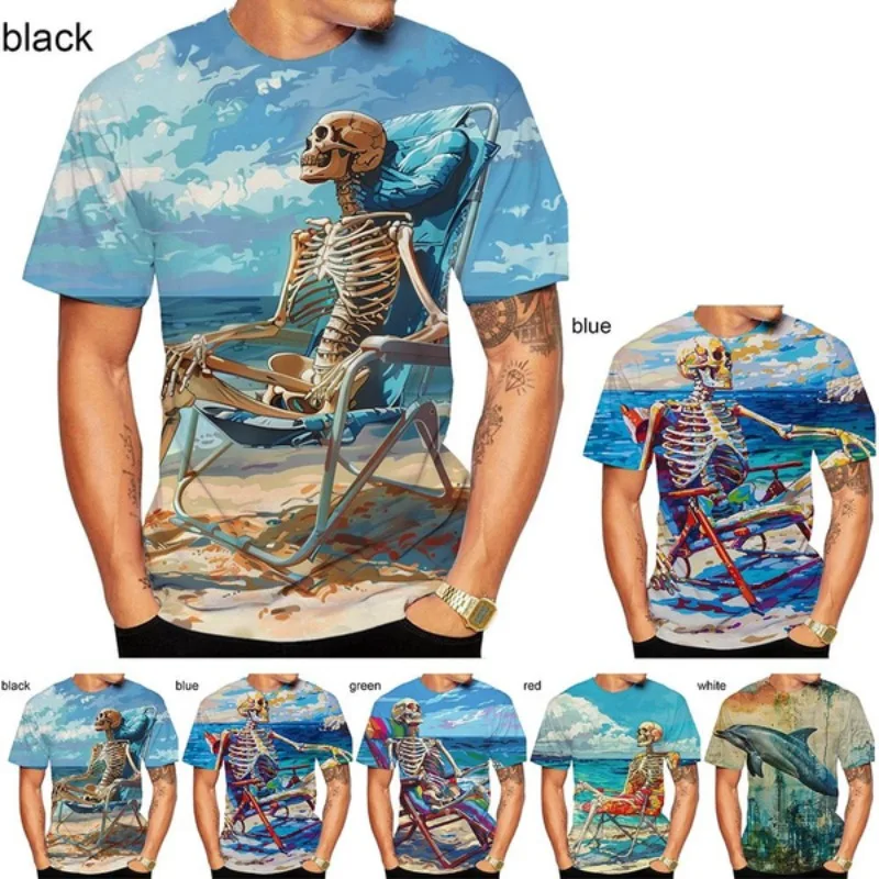 

Men's and Women's Round Neck 3D HD Printed Beach Skull Pattern T-shirt Street Style Unisex Fashion Top Men T-shirts