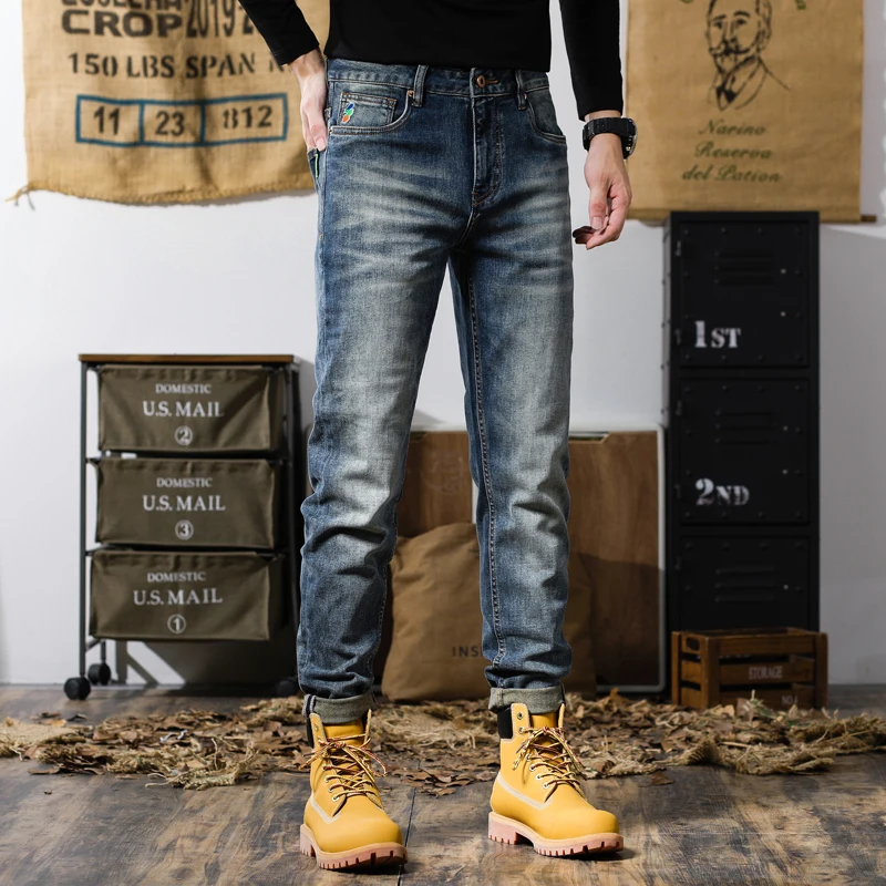 

Autumn and winter new American retro men's jeans straight leg blue washed long pants for men streetwear men clothing