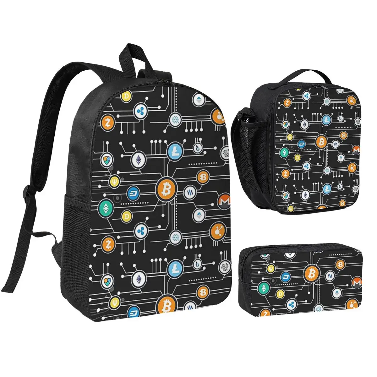 

Cryptocurrency Bitcoin Logo Backpack Boys Girls BookBag School Bag Shoulder Bags 3ps Insulated Lunch Bag Pencil Case