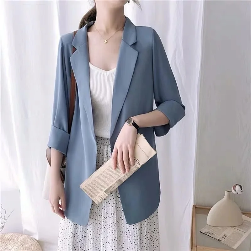 Chiffon Suit Coat Women\'s 2023 Summer New Korean Loose White Thin Mid-length Three Quarter Sleeve Sunscreen Shirt Women Blazer