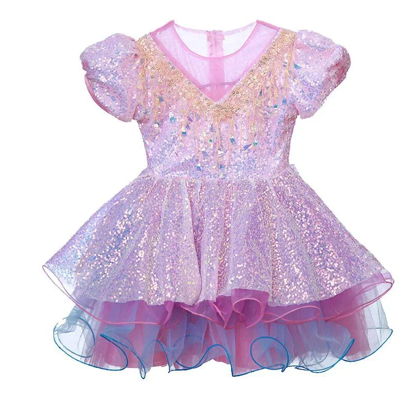 Kids Ballroom Clothing Sequined Dancing Clothes Purple TUTU Dress Girls Jazz Dance Costume Stage Wear Toddler Princess Dress